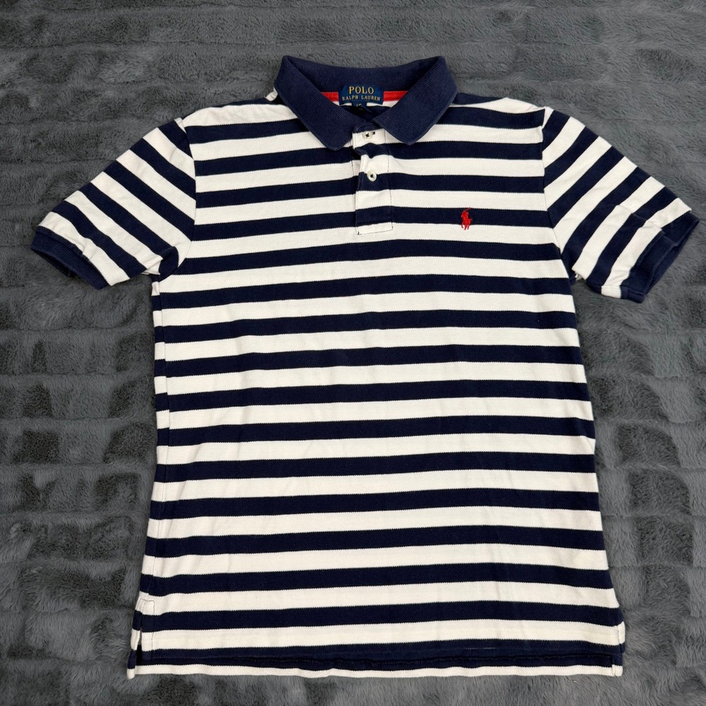 Polo Ralph Lauren Kids Navy White Striped Polo Shirt Short Sleeve Size L 14-16